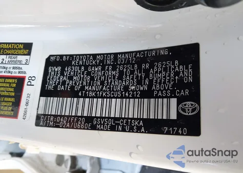 2012 Toyota Camry Se V6 from USA, damaged, VIN 4T1BK1FK5CU514212